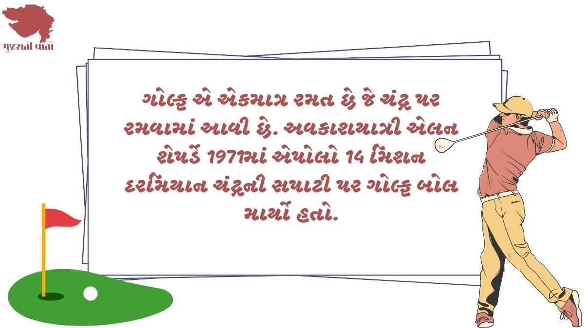 જાણવા જેવુ - ગોલ્ફ એ એકમાત્ર રમત છે જે ચંદ્ર પર રમવામાં આવી છે. અવકાશયાત્રી એલન શેપર્ડે 1971માં એપોલો 14 મિશન દરમિયાન ચંદ્રની સપાટી પર ગોલ્ફ બોલ માર્યો હતો.